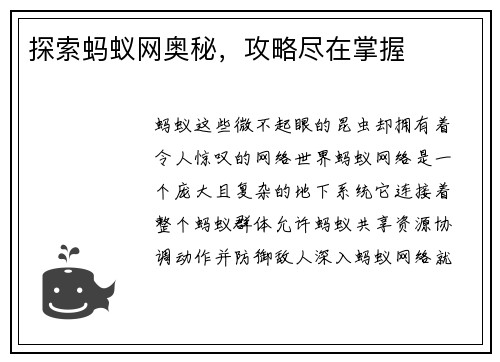 探索蚂蚁网奥秘，攻略尽在掌握